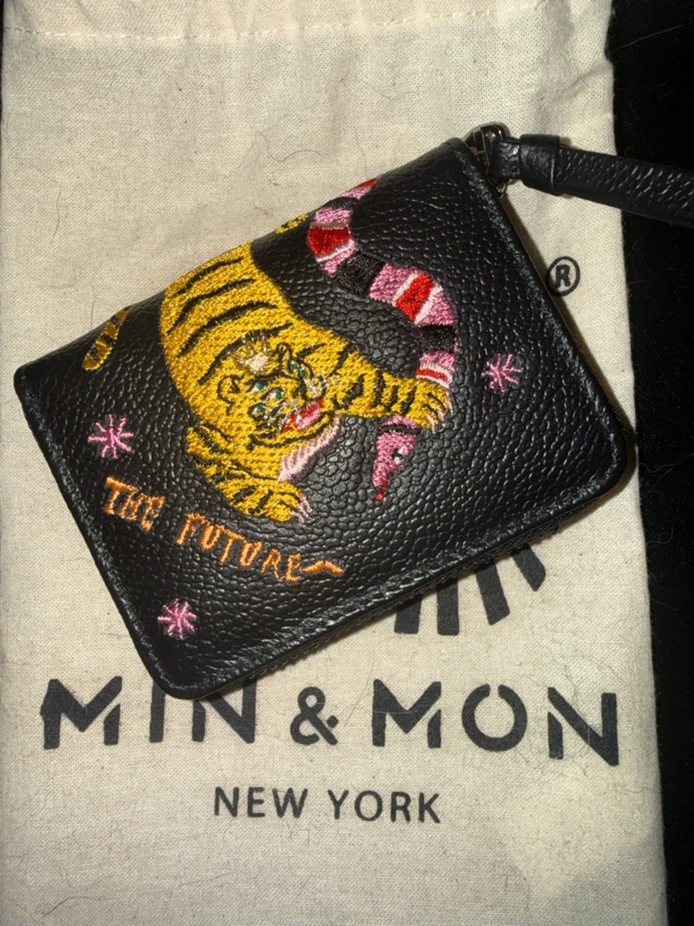 Min & Mon Waldo Wallet- Black Leather Wallet with Yellow & Pink Embroidery